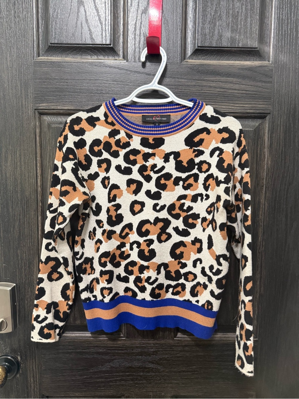 Love Tree Leopard Print Crewneck Sweater - Cream, Brown & Black with Blue Trim